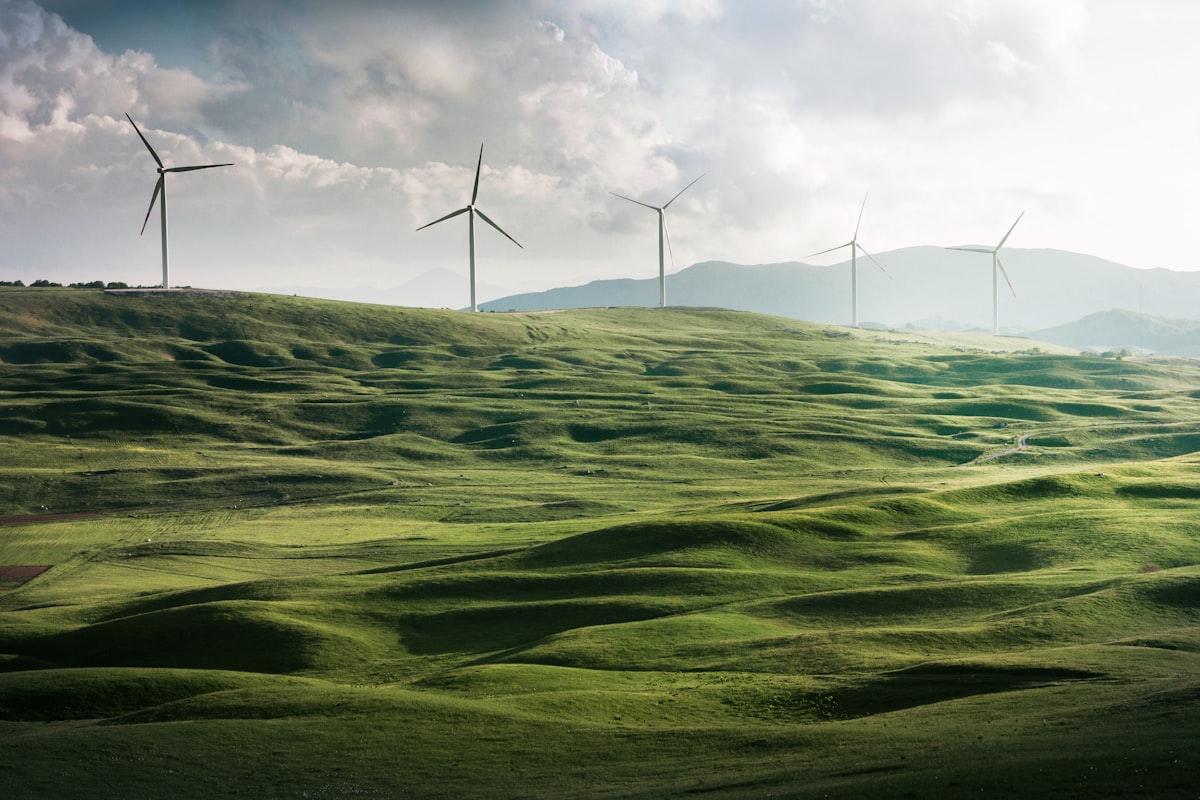 Wind turbines on the mountain ridge at dawn
